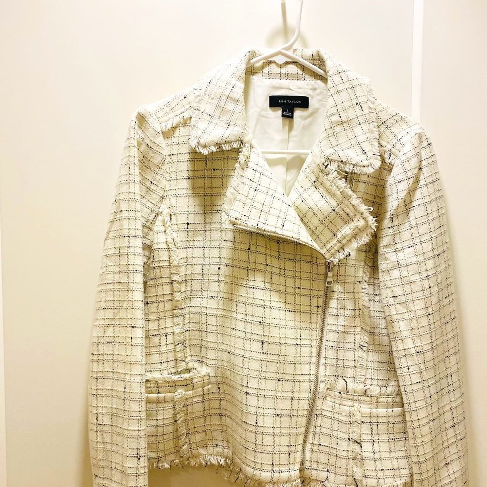 Classic Cream Tweed Moto Jacket with Fringe Detail - Excellent Condition
